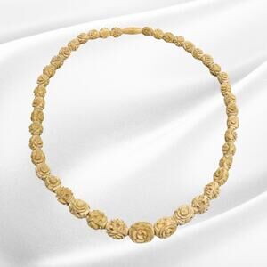 Vintage Carved Bone Floral Rosette Necklace Graduated Beads Art Deco Bohemian